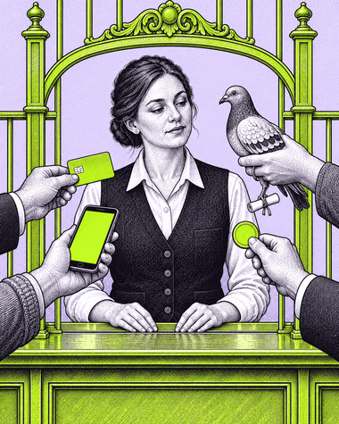 A cashier at a payment window receiving a bank card, a phone, a coin and a carrier pigeon with equal politeness