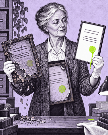 An archivist holding three licence certificates in different states of decay: one crumbling, one yellowed, one with the ink still wet
