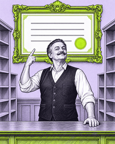 A shopkeeper proudly displaying an enormous licence certificate above a completely empty shop counter