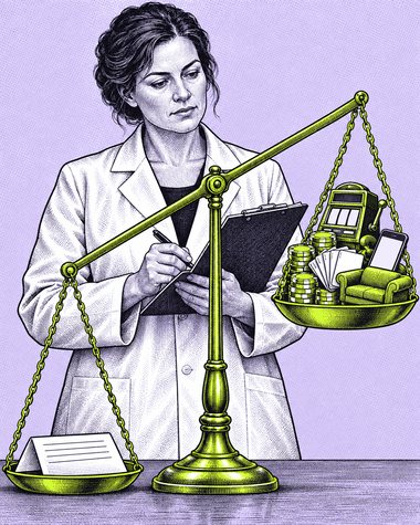 Balance scales where one folded licence certificate outweighs a heaped pile of chips, a slot machine, cards, a phone and an armchair