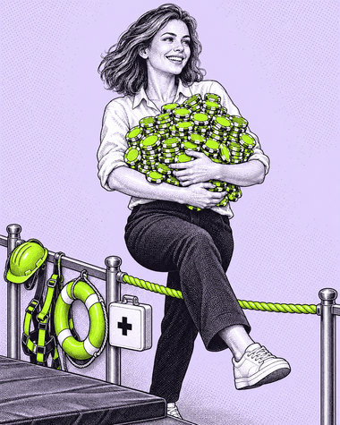 A woman stepping over a low barrier carrying an armful of chips, leaving the safety equipment hanging behind her