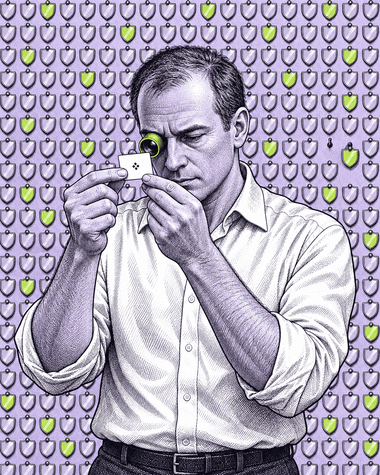 A man with a jeweller's loupe checking one card against a wall of hundreds of identical licence badges