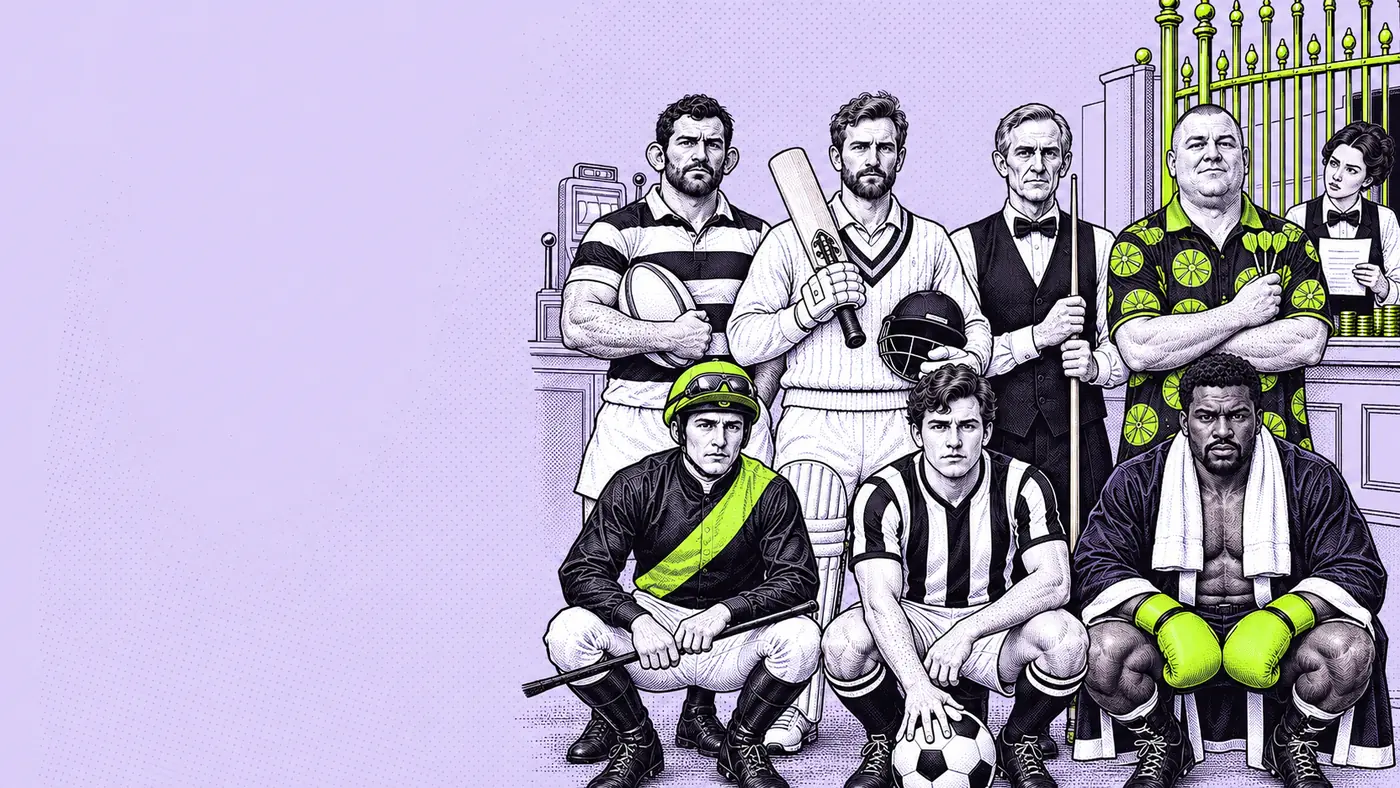 A seven-man football team posed for the pre-match photograph in front of a casino cashier’s brass cage, roulette wheel and slot machines behind them. Seven different men from seven sports: a rugby player with the ball under his arm, a cricketer in whites with bat and helmet, a snooker player in a waistcoat holding his cue, a darts player in a patterned shirt holding three darts; crouching in front, a jockey in silks with a lime sash, a footballer with one hand on the ball, and a boxer in lime gloves with a towel round his neck. The cashier holds a sheet of paper up to the grille and looks along the row, counting.