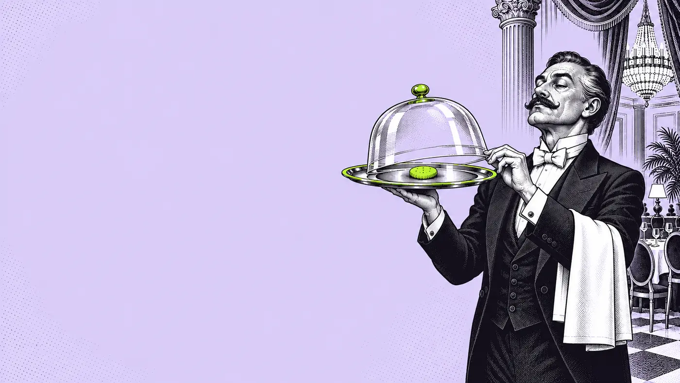 A waiter in a tailcoat solemnly presenting a single biscuit under a glass cloche on a silver platter.