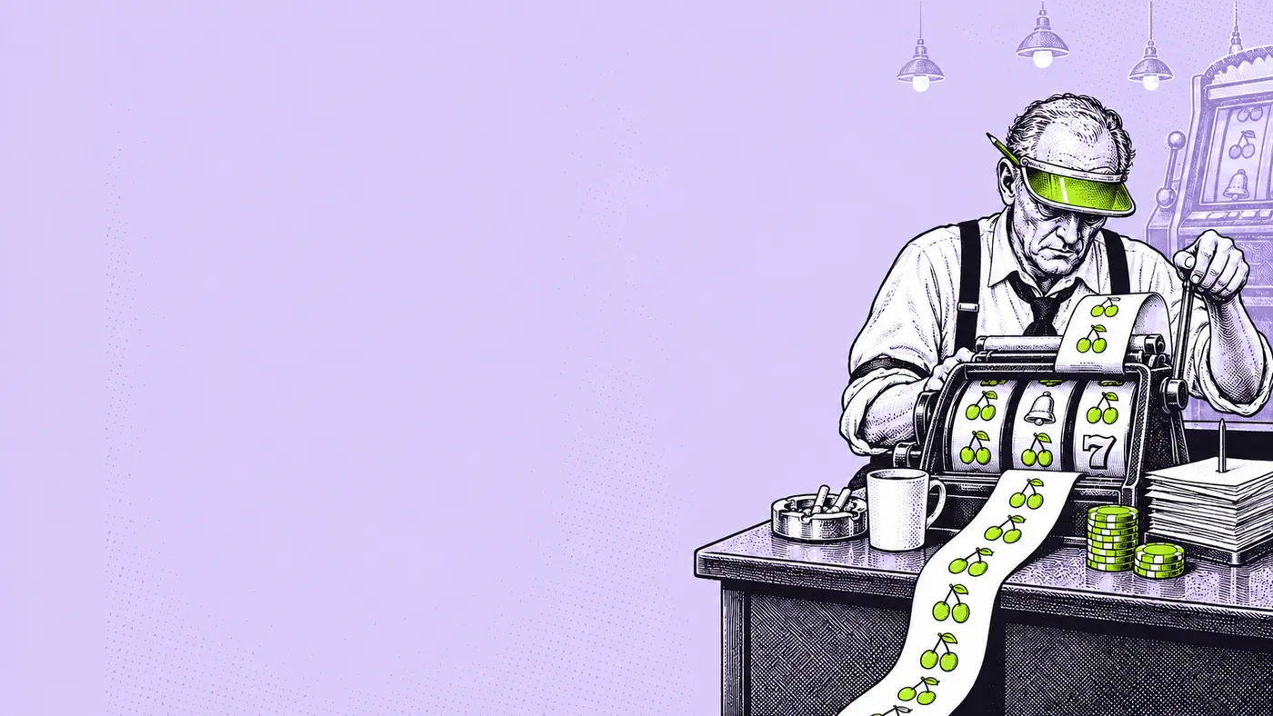 A newspaper editor in shirtsleeves, braces and a lime eyeshade, pencil behind his ear, hunched over his typewriter on a casino floor. The typewriter is a slot machine: three reels of cherries, a bell and a seven where the keys should be, and he is pulling the lever with one hand while a long strip of paper covered in cherries curls out of it, over the desk and onto the floor. On the desk an ashtray, a mug, a spike of papers and a stack of casino chips.