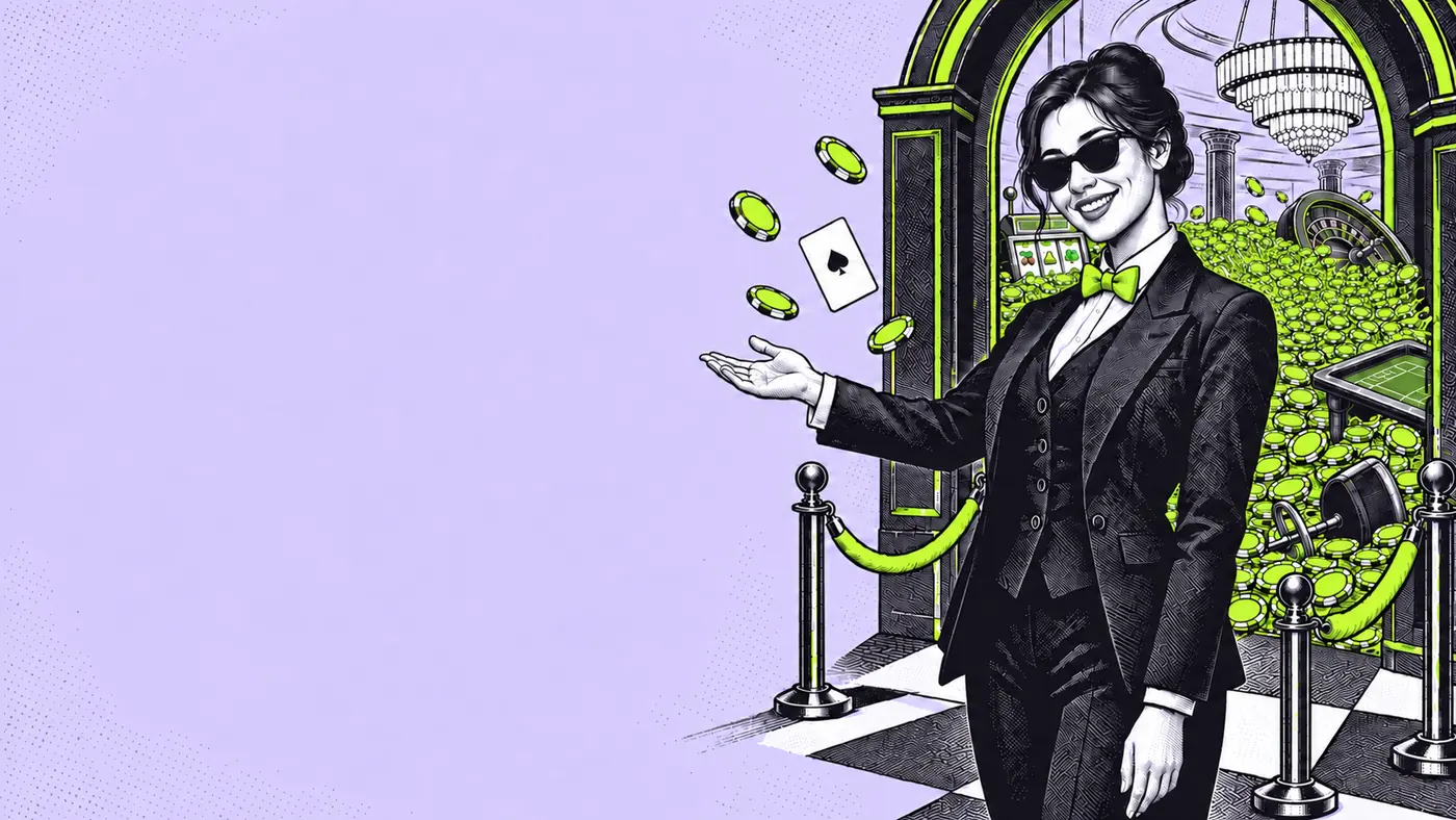A casino host in a dark suit and lime bow tie stands in an arched doorway, one arm swept open to show you through, poker chips and an ace of spades hanging in the air above her palm. Behind her the room is flooded to the ceiling with lime casino chips: a slot machine and a roulette wheel are sunk to their middles, a table is buried to its felt and a chair lies on its side.