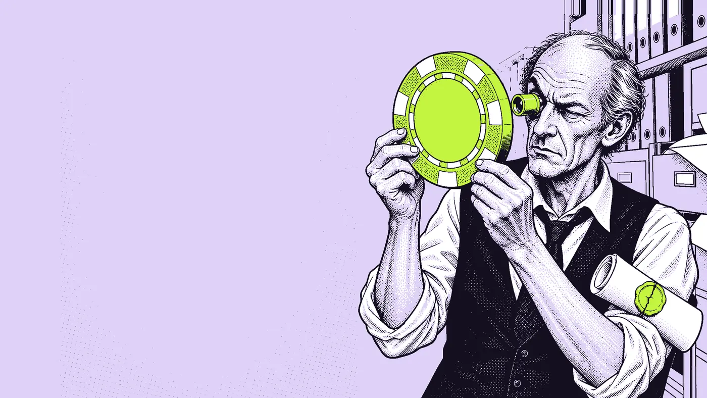 A sceptical older man squinting through a jeweller's loupe at a casino chip the size of a dinner plate, a rolled certificate with a cracked seal under his arm.