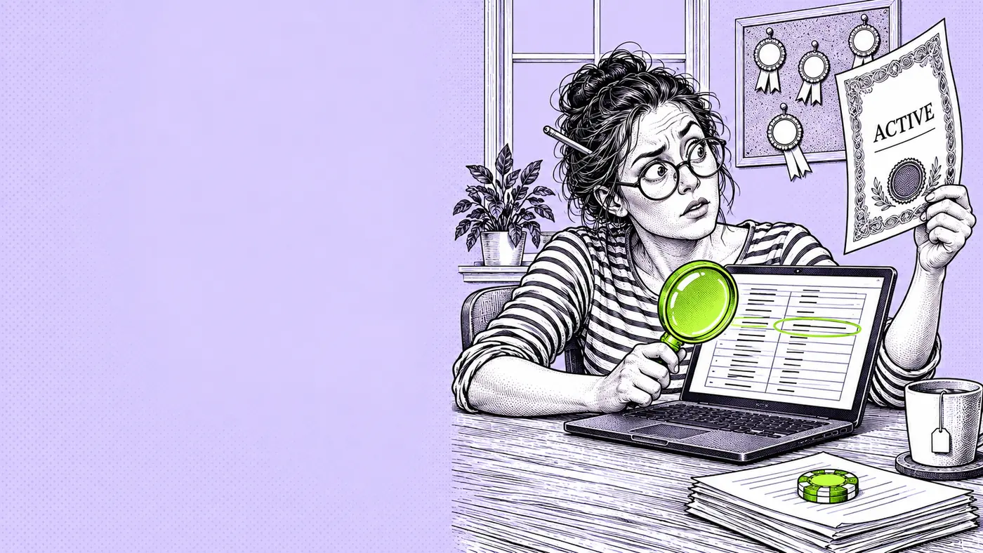 A woman at her desk holds a certificate marked Active in one hand and a lime magnifying glass over a laptop showing a long registry list in the other, comparing the two.