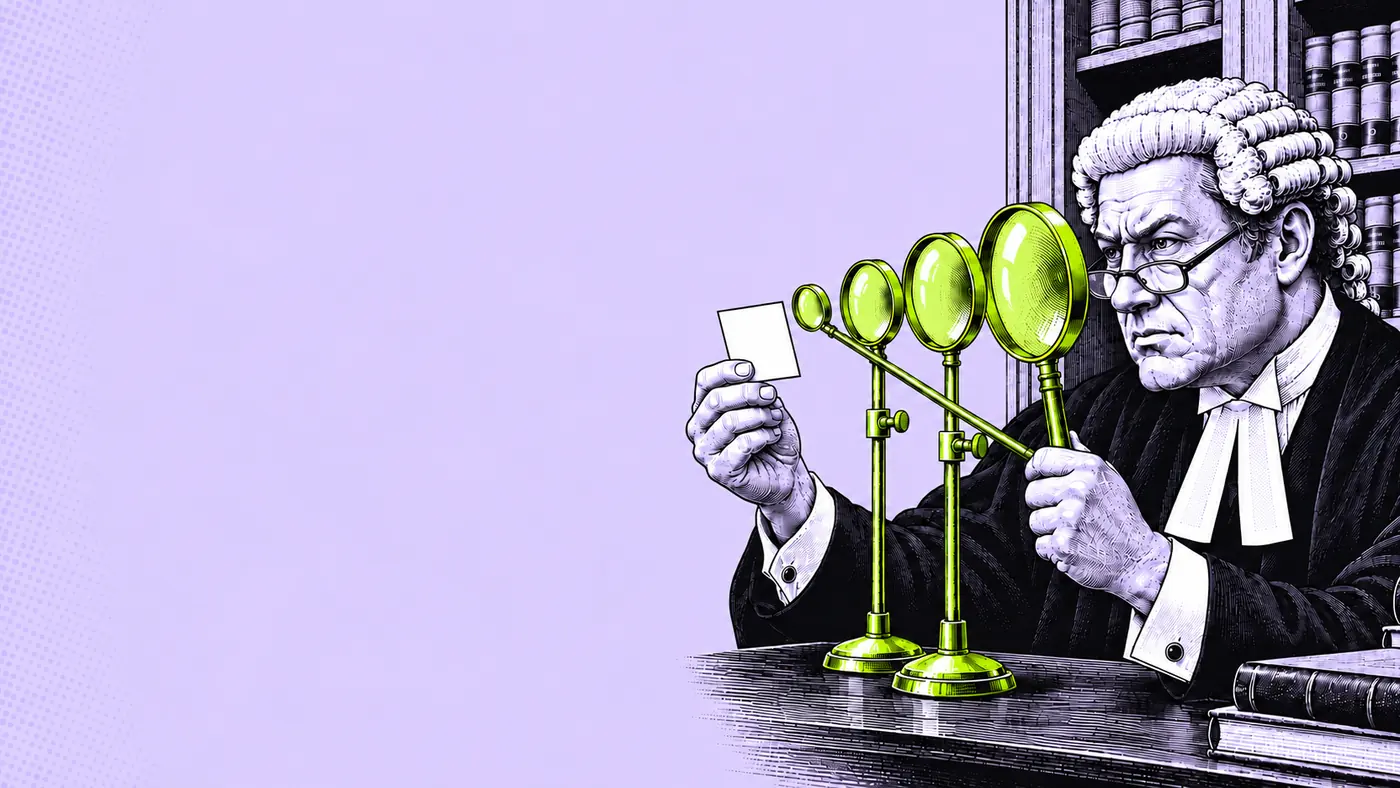 A solicitor in a barrister's wig reading a tiny printed card through a receding chain of magnifying glasses.