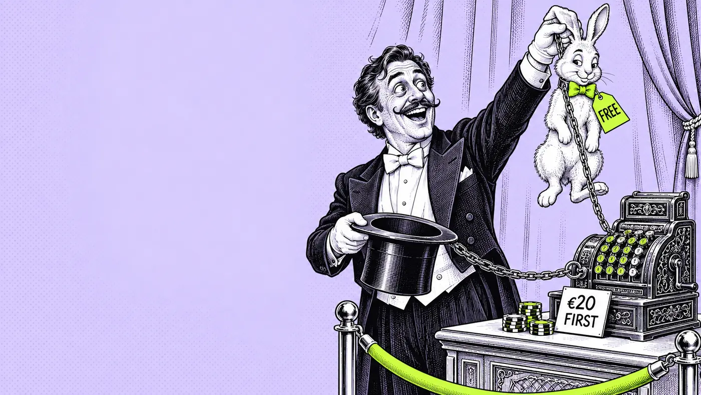 A stage magician holds up a rabbit tagged FREE; a chain runs from its collar down to a cash register marked €20 FIRST.