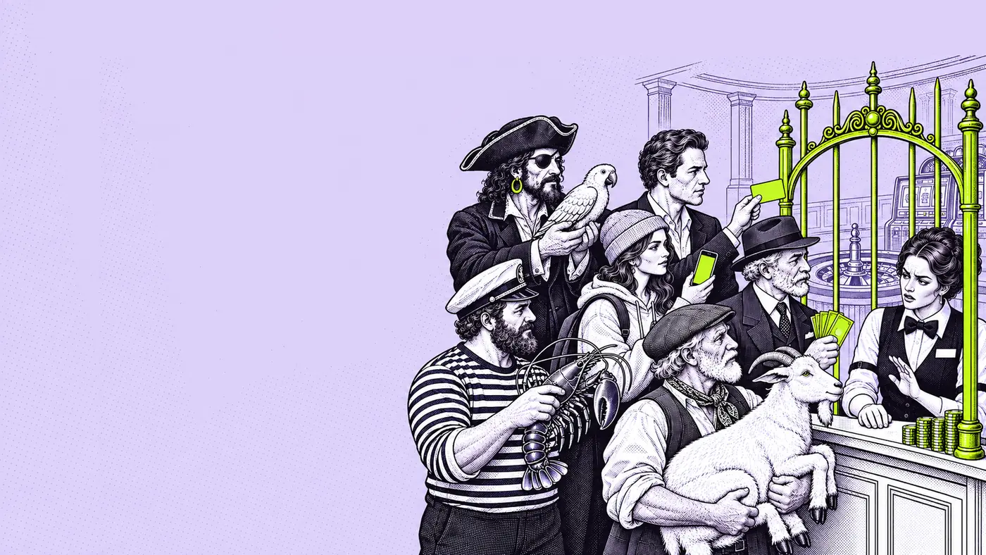 Six customers packed at the brass grille of a casino cashier, roulette wheel and slot machines behind her. A farmer in a flat cap holds a live goat up to the counter; beside him a sailor in a striped jersey offers a lobster, a pirate holds out a parrot in both hands, a young woman in a hoodie holds up a phone, a man in a modern suit holds out a card, and a gentleman in a homburg fans out banknotes. The cashier, in waistcoat and bow tie, has stopped with one hand in mid-air and is looking at the goat.