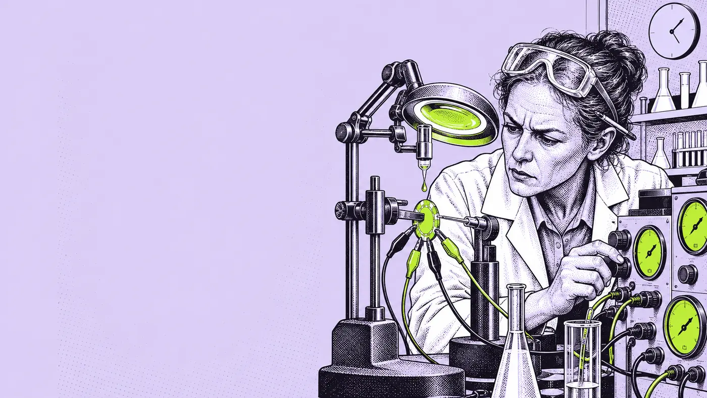 A scientist in a lab coat measuring one casino chip clamped in a laboratory rig, with calipers, crocodile clips and a bank of dials.