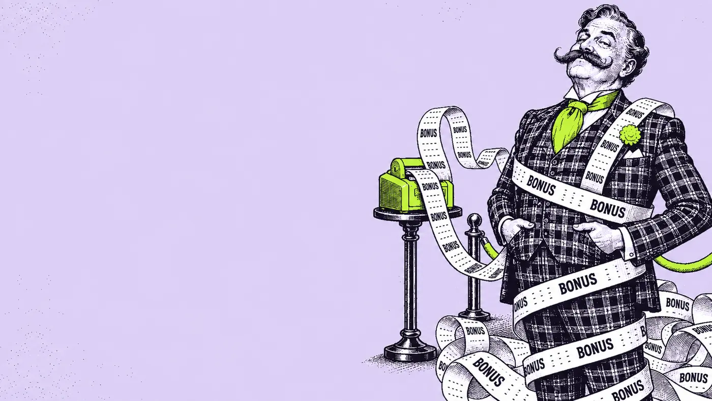A man with a walrus moustache and a loud checked suit, thumbs hooked in his waistcoat, wound in a ribbon of receipt paper still unspooling around his feet. The receipt is printed with the word BONUS over and over, down its whole length.