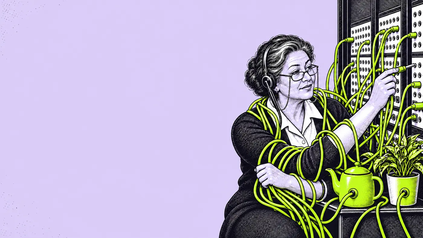 A switchboard operator tangled in patch cables, calmly plugging in one more, with cables running to a teapot and a plant pot.