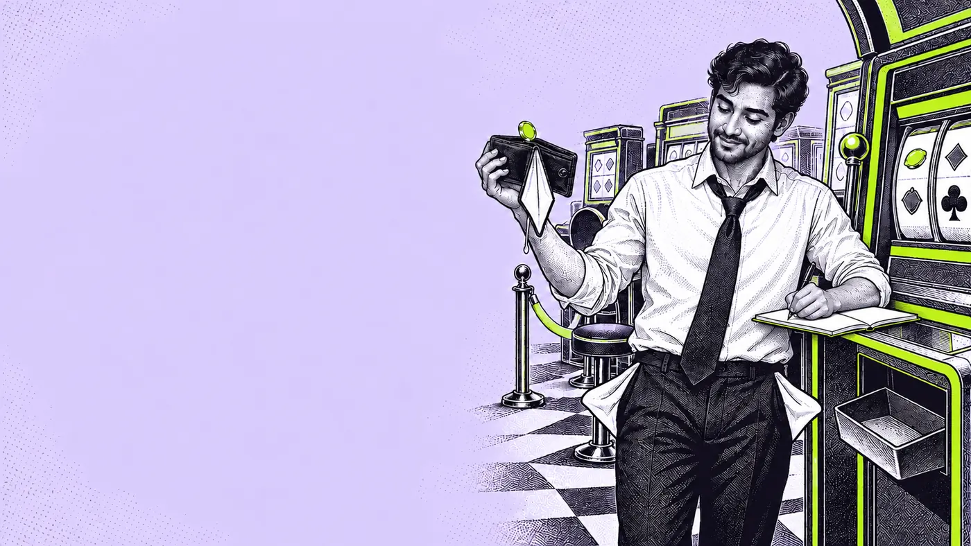 A man holding up an empty wallet with its lining hanging out and his pockets pulled out, writing a note on a pad resting on a slot machine.