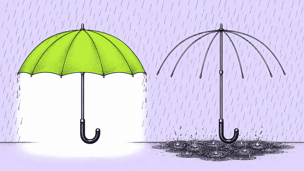 Two umbrellas side by side in the rain: one with its canopy, the ground beneath it dry; the other only bare ribs, the rain falling straight through into a puddle.
