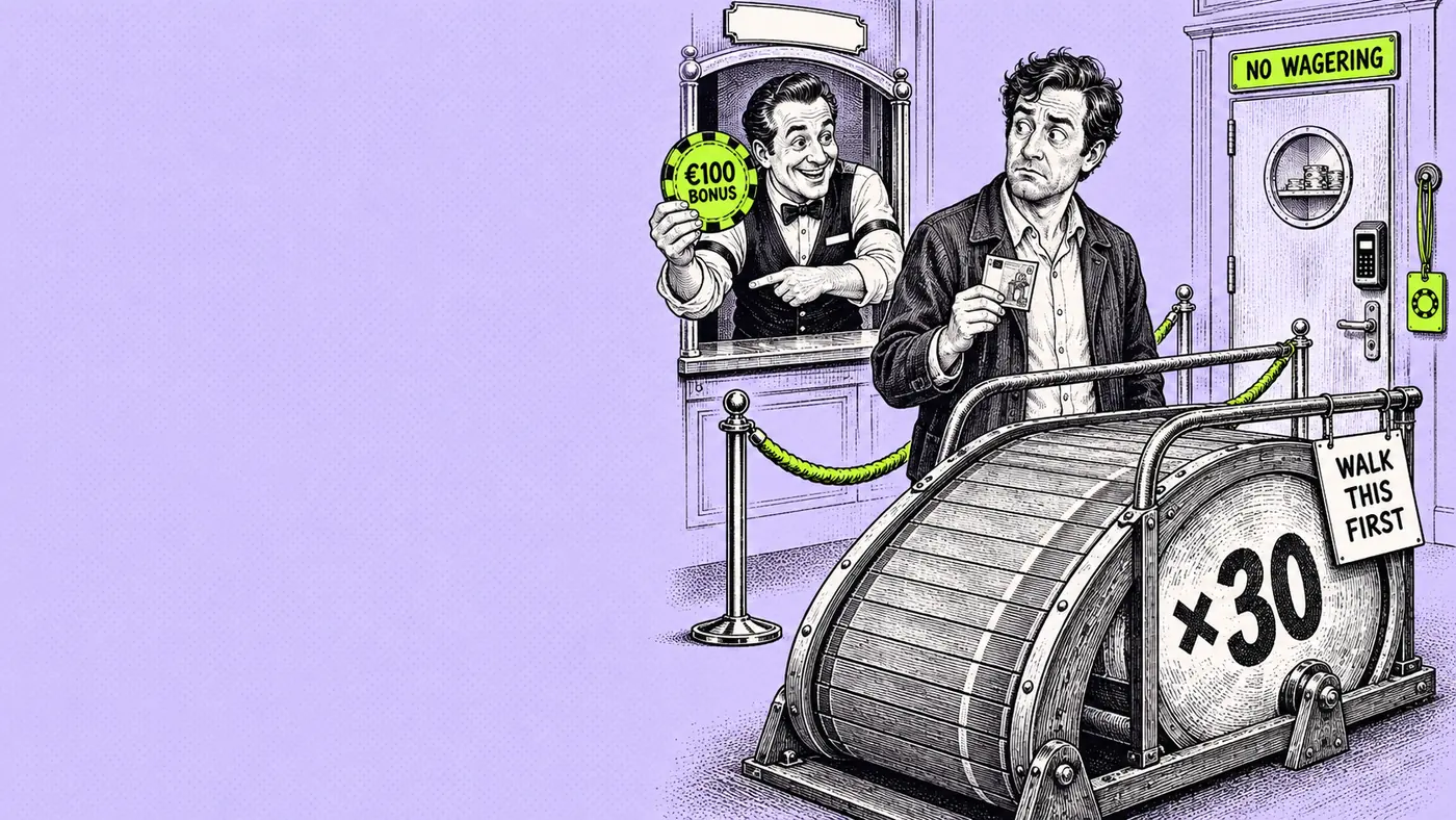 A cashier holds up a €100 bonus chip and points to a treadmill marked ×30; a customer holding his own note looks on; a side door marked No Wagering opens only with a loyalty card.