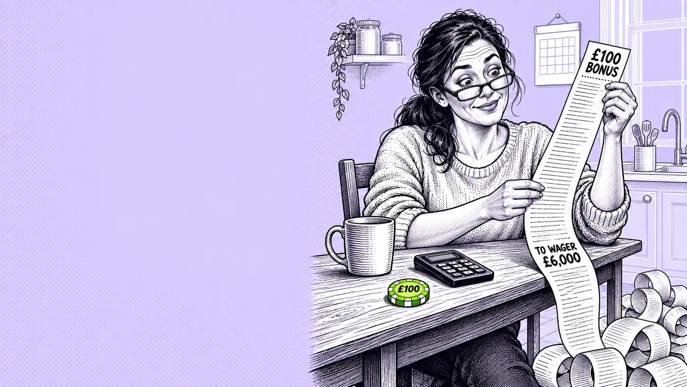 A woman at a kitchen table reads a very long till receipt headed £100 BONUS that unspools to the floor, its visible total reading TO WAGER £6,000, beside a single £100 casino chip.