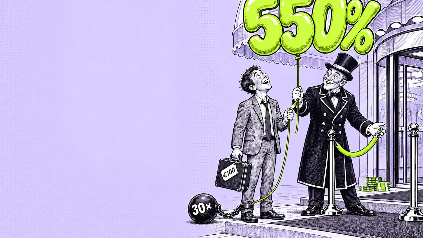 A grinning doorman hands a new arrival holding a €100 suitcase a giant 550% balloon; its string is tied to a ball and chain marked 30× on his ankle.