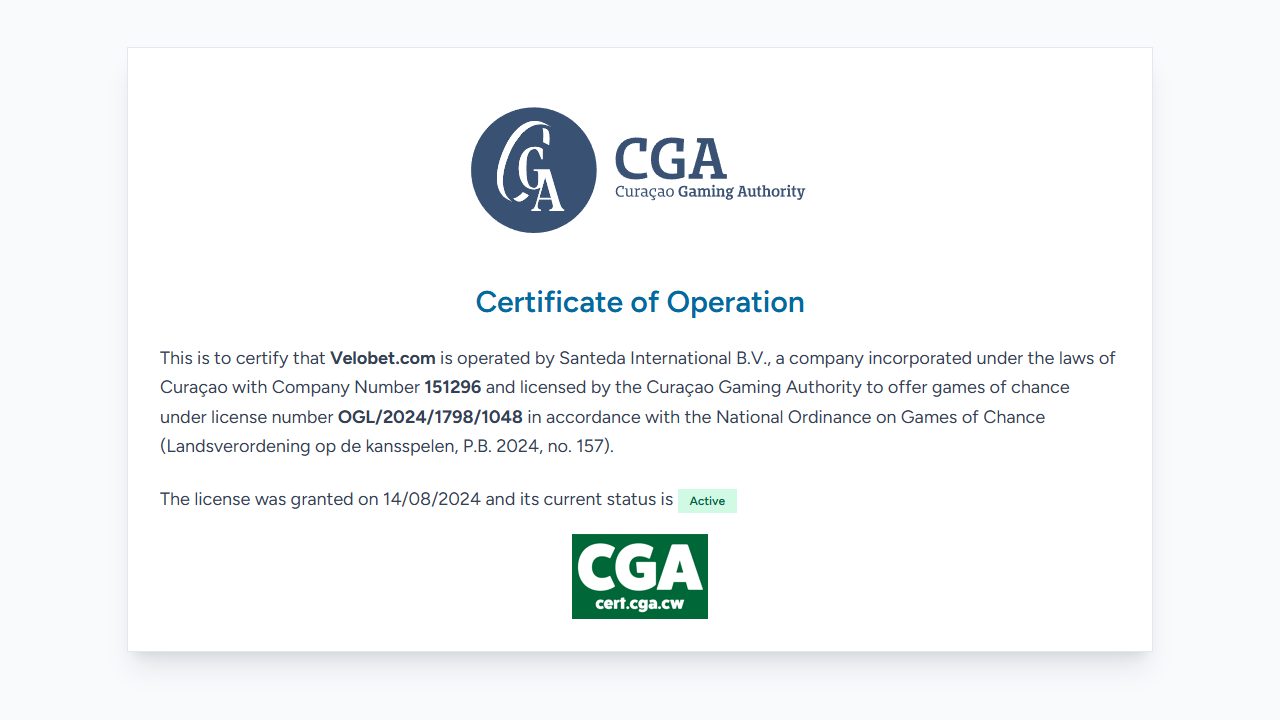 The Curaçao Gaming Authority certificate of operation for Velobet.com on cert.cga.cw