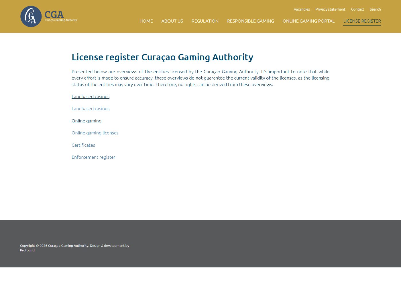 The Curaçao Gaming Authority's licence register page on cga.cw with links to the online gaming licences, certificates and enforcement register